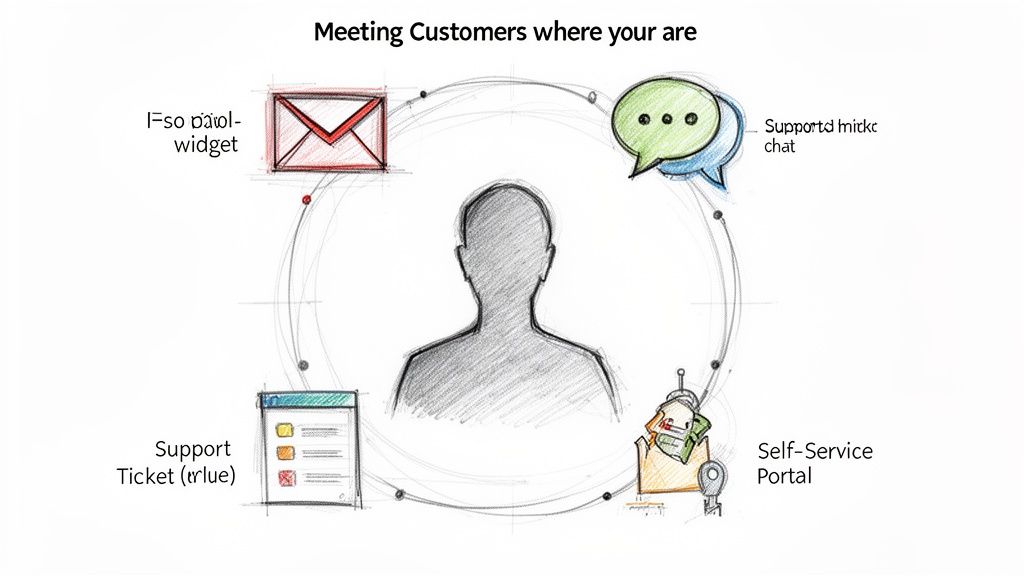 Diagram illustrating how to meet customers through multiple channels: email, chat, support tickets, and self-service.