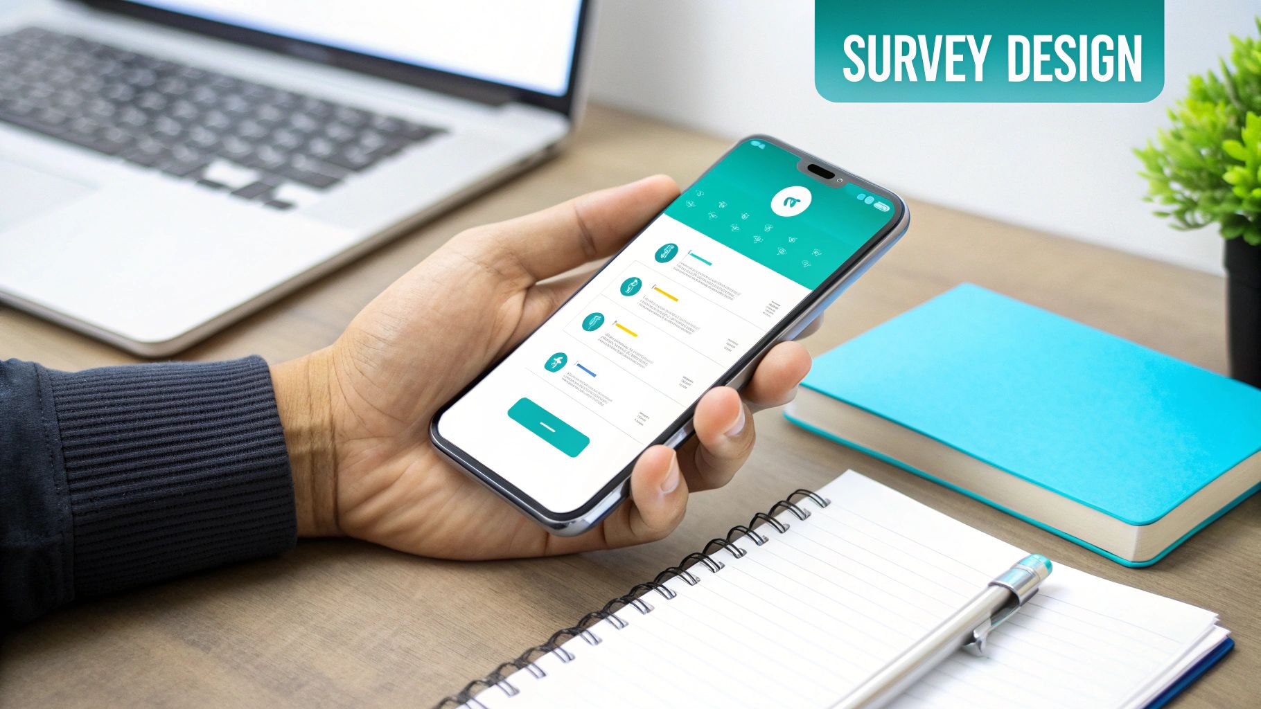 A hand holding a smartphone displaying a survey design app on a desk with a laptop and notebook.
