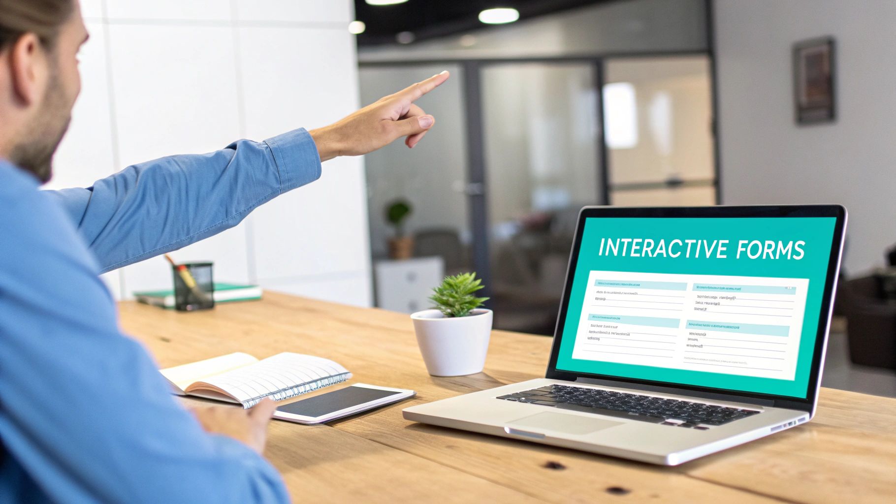 A man points at a laptop displaying "INTERACTIVE FORMS" on a desk with a notebook and tablet.
