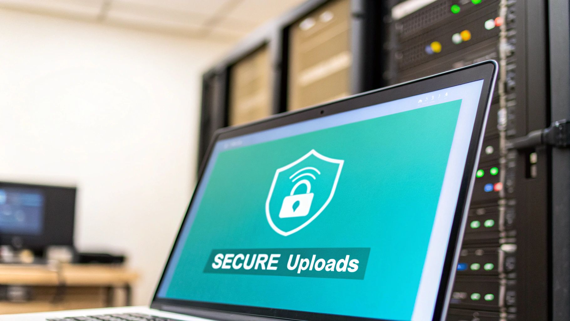 A laptop screen displays 'Secure Uploads' with a shield icon, set against server racks.