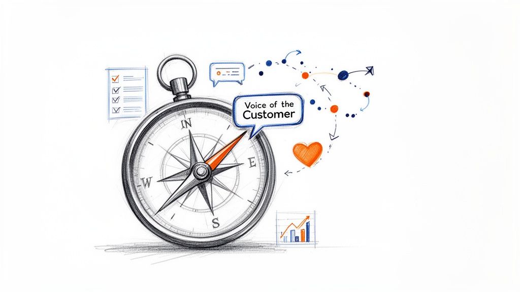A sketch of a compass pointing to 'Voice of the Customer' bubble, with a checklist, chat, heart, and charts.