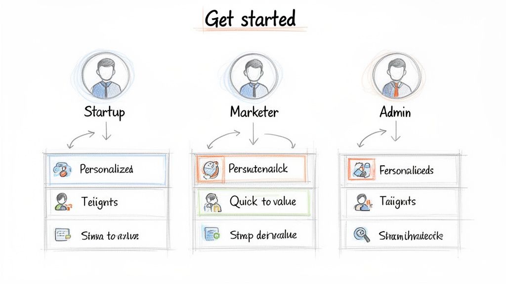 A 'Get started' diagram showing options for Startup, Marketer, and Admin user roles.