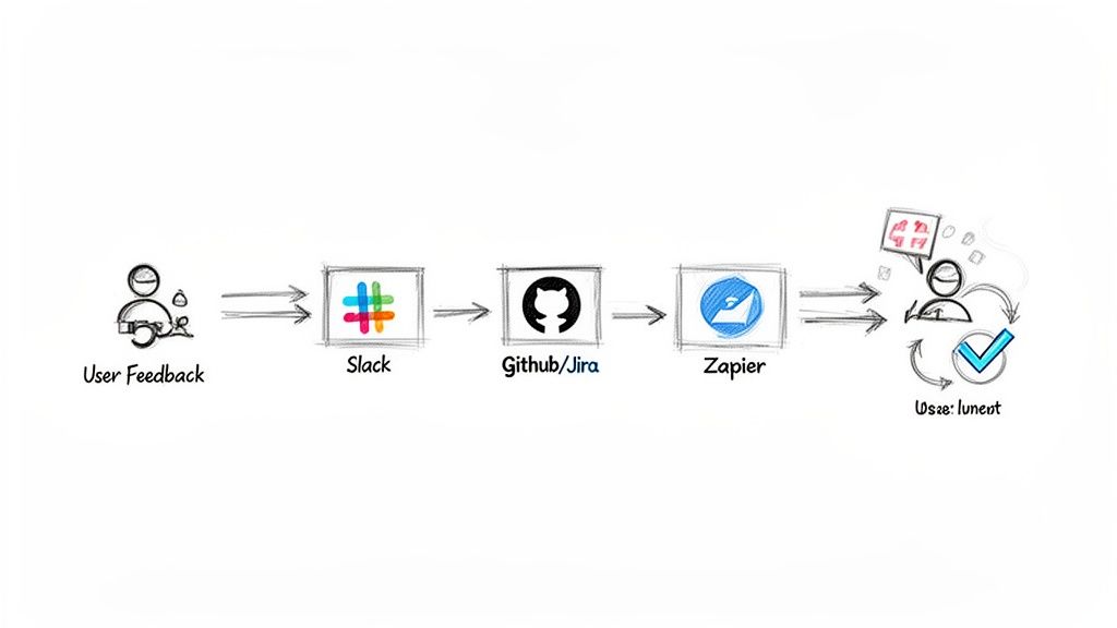 Workflow diagram showing user feedback moving through Slack, GitHub/Jira, Zapier, and resulting in user engagement.