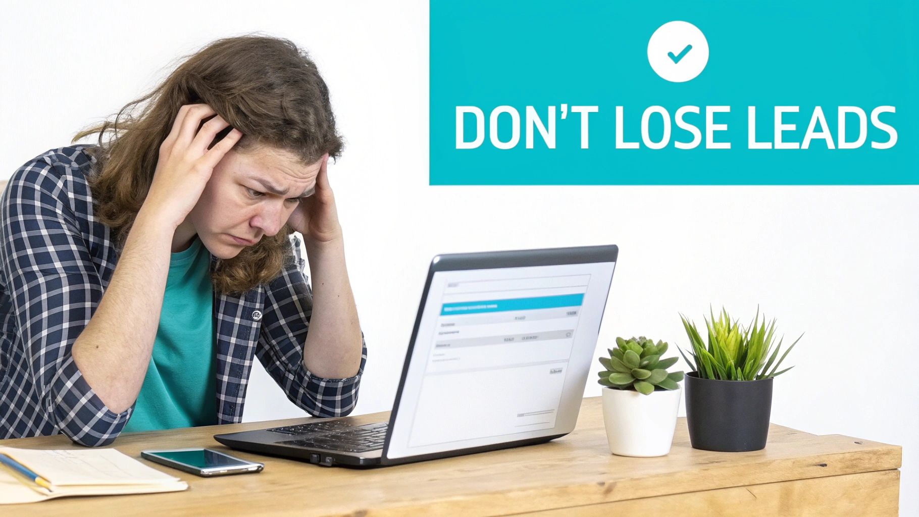 A person appears stressed, holding their head while looking at a laptop screen, with a 'Don't Lose Leads' banner.