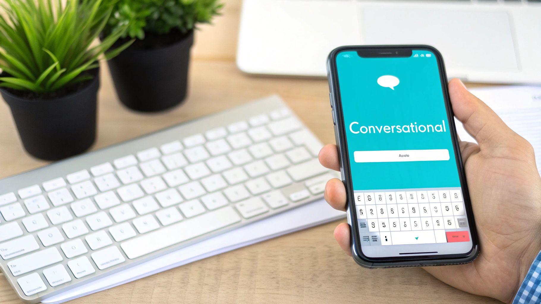 A hand holds a smartphone displaying 'Conversational' with a speech bubble, on a desk with a keyboard and plants.