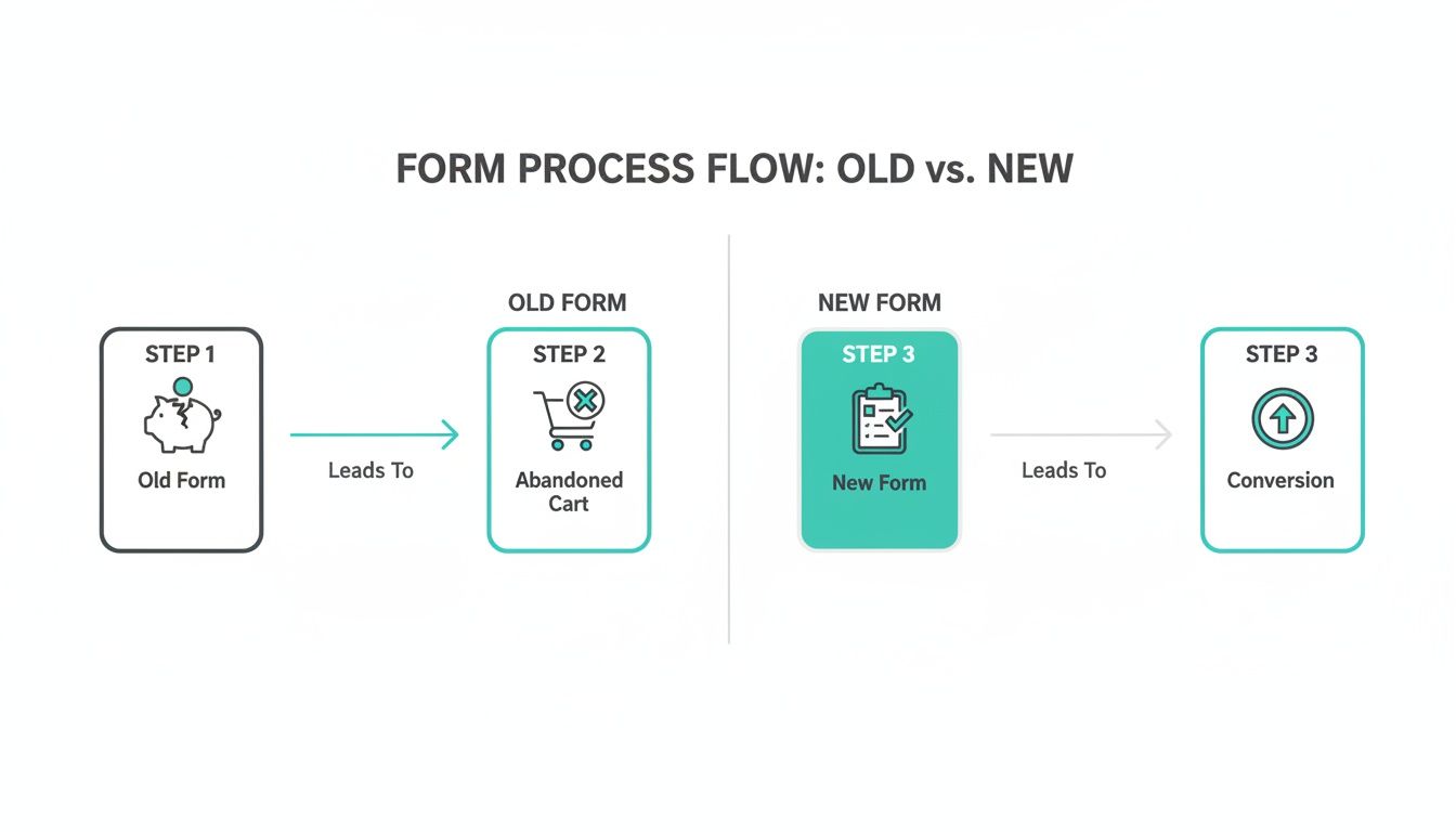 Flowchart comparing old form process leading to abandoned carts with new form process leading to conversion.