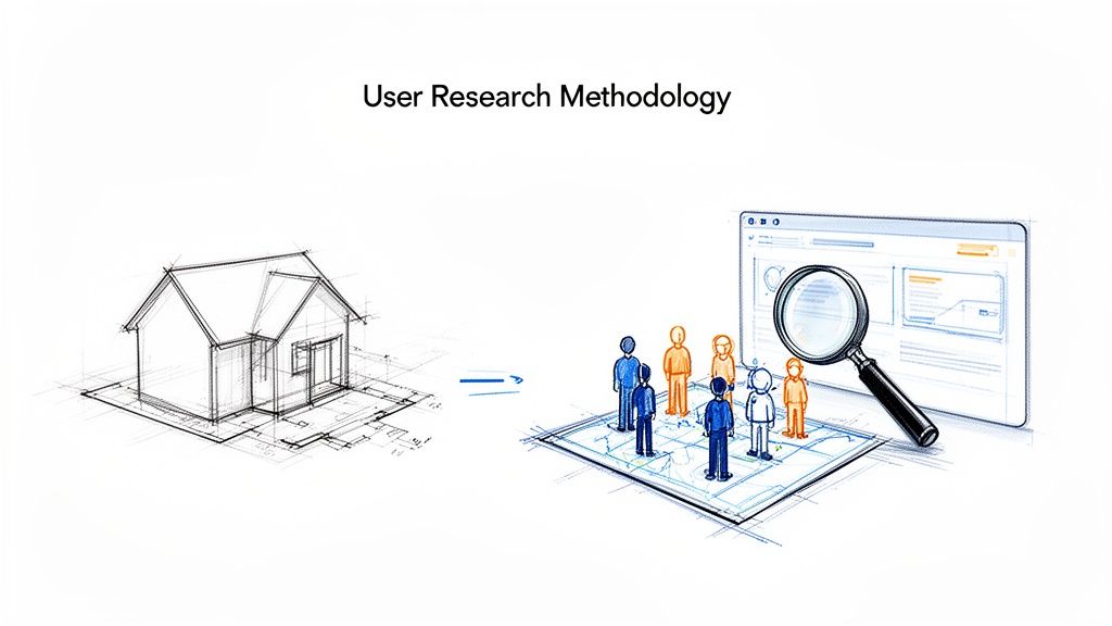 Diagram illustrating user research methodology from design blueprints to user interaction and data analysis.