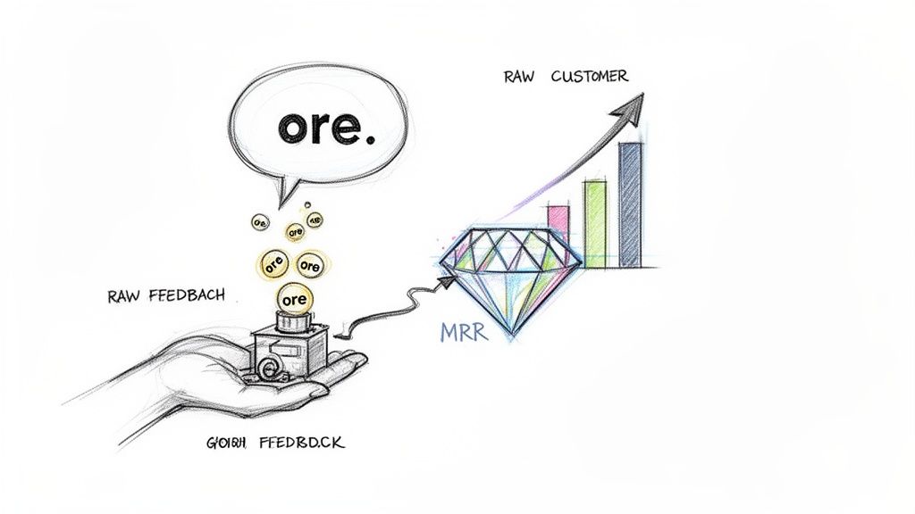 Illustration showing raw customer feedback being refined into valuable insights, leading to increased MRR and customer growth.