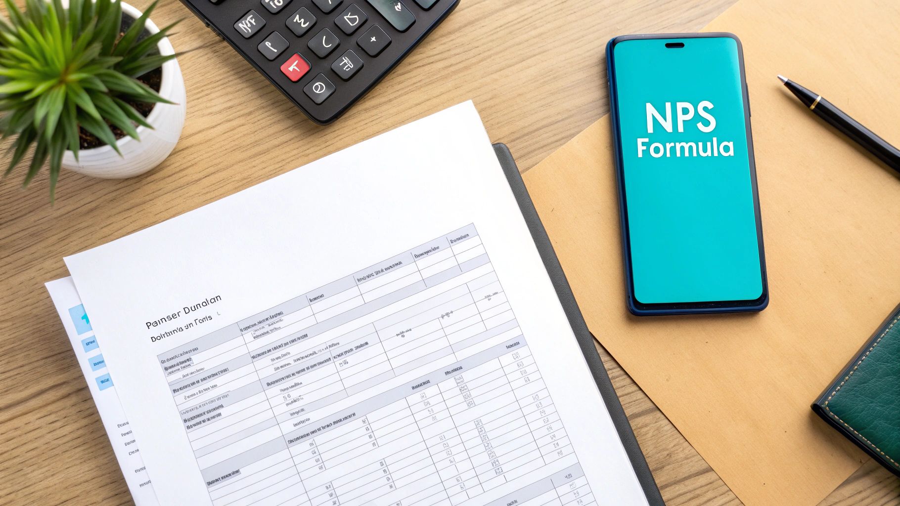 Flat lay of a desk with a phone displaying 'NPS Formula', documents, calculator, and a small plant.