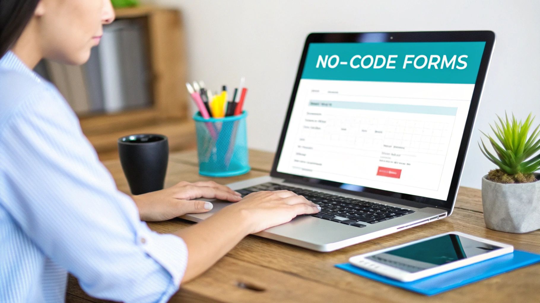A woman types on a laptop displaying 'NO-CODE FORMS' and a web form interface.