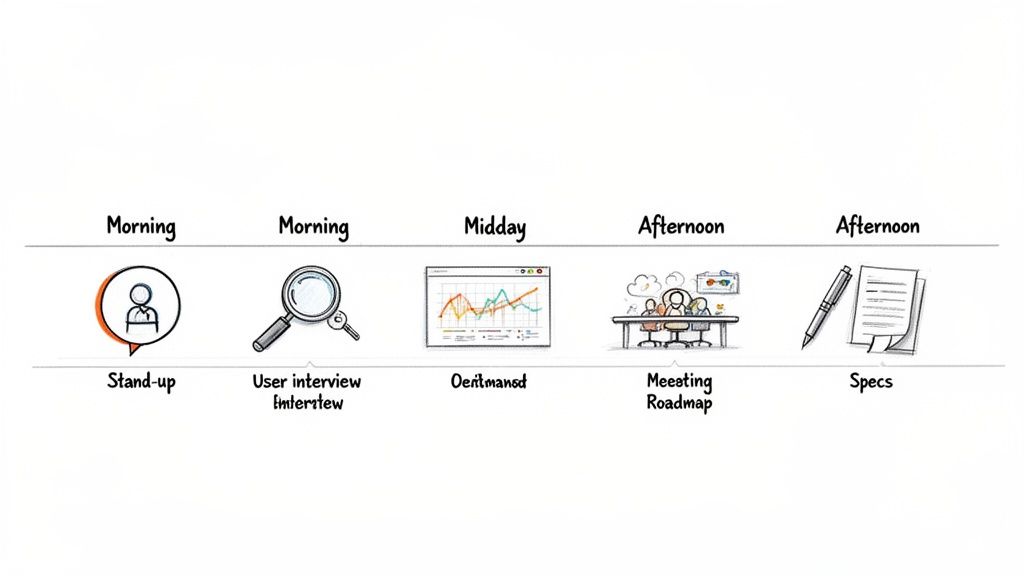 A product manager's daily timeline, showing stand-up, user interview, data analysis, meeting, and specs.