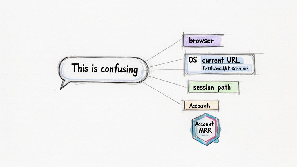 A hand-drawn diagram showing 'This is confusing' connected to browser, current URL, session path, and account data points.