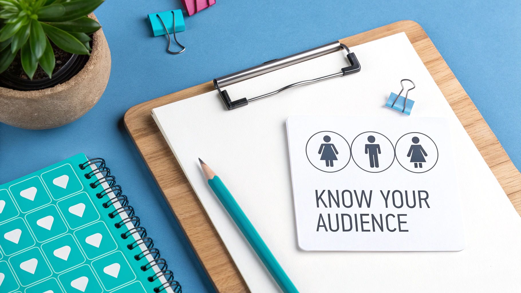 Overhead desk shot with a 'KNOW YOUR AUDIENCE' card, gender icons, clipboard, pencil, and a green plant.