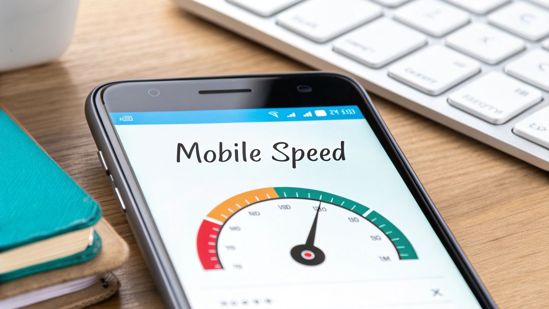 Close-up of a smartphone screen showing a 'Mobile Speed' test with a high-speed reading.