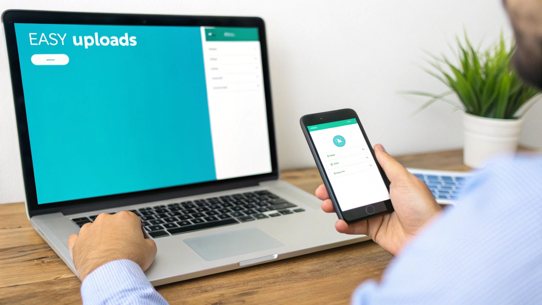 A person works on a laptop showing 'EASY uploads' and uses a smartphone, managing digital files.