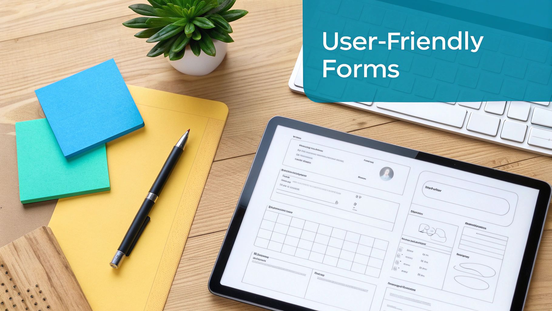 An overhead shot of a tablet displaying user-friendly forms on a wooden desk with office supplies.