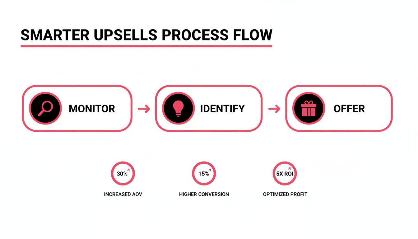 Process flow diagram illustrating smarter upsells with monitoring, identification, and offering stages and benefits.