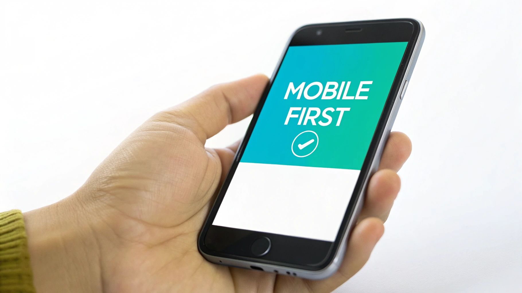 A person's hand holds a smartphone displaying "MOBILE FIRST" text and a white checkmark on a gradient screen.