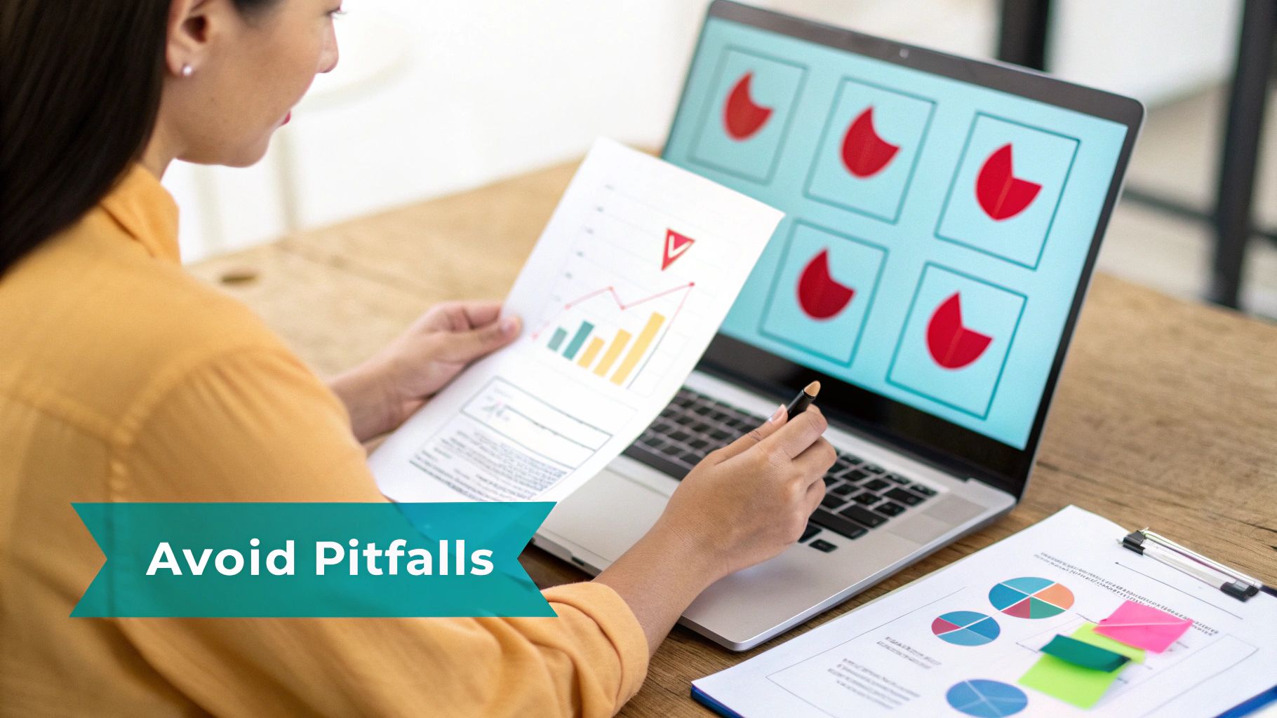 A person analyzes charts and graphs on paper and a laptop screen at a desk.