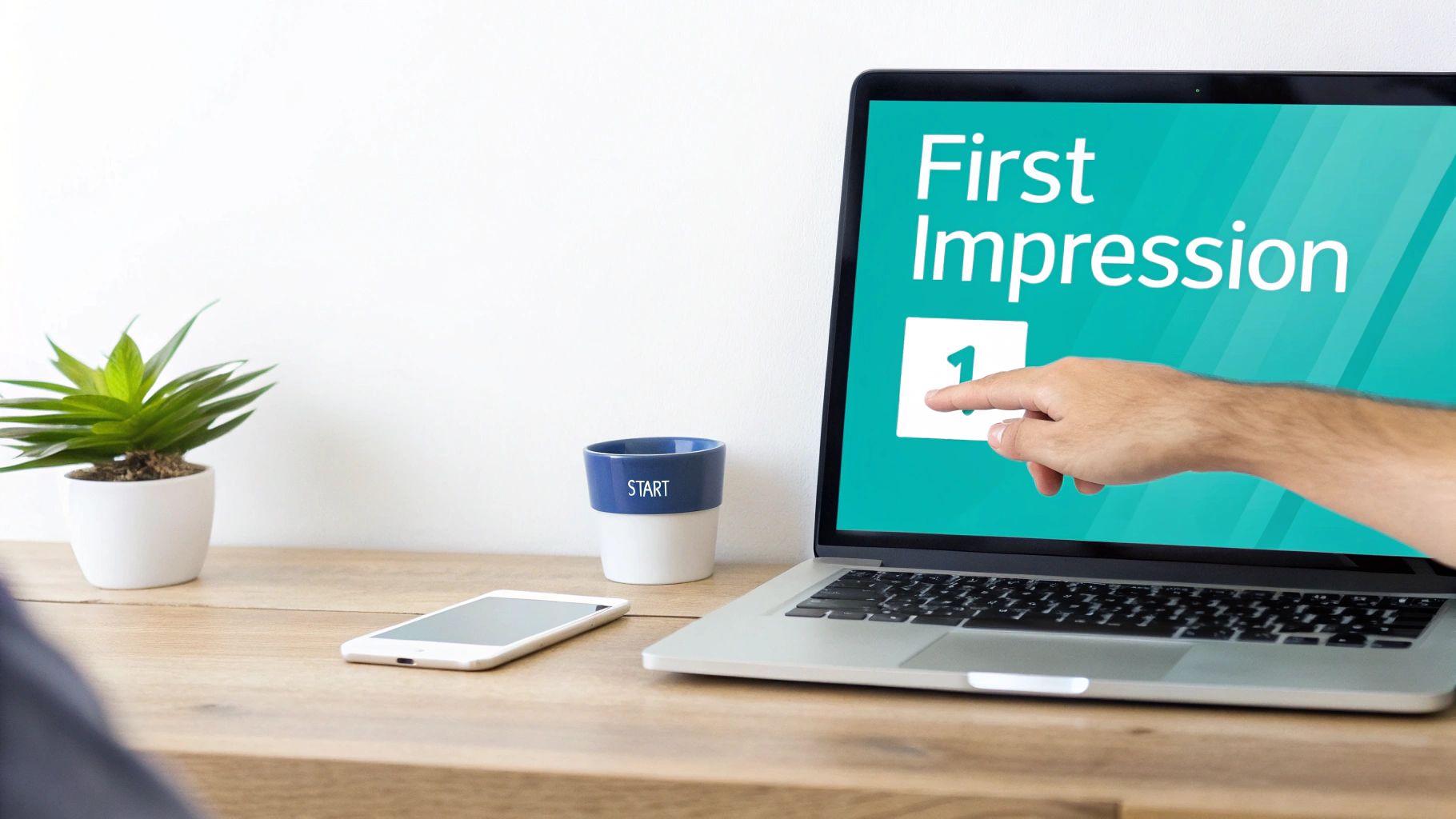 A hand points to a '1' on a laptop screen displaying 'First Impression', next to a phone and mug.