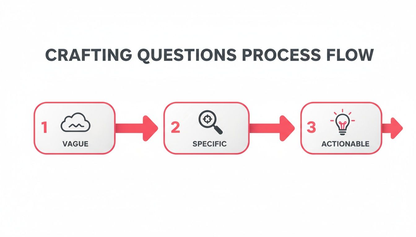 A process flow for crafting questions, showing progression from vague, to specific, to actionable steps.