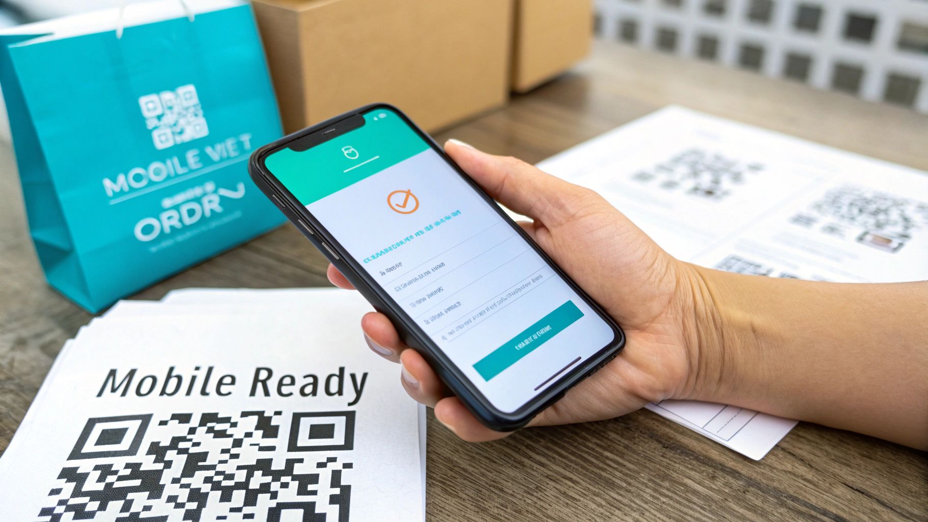 A hand holds a smartphone displaying an order confirmation screen, surrounded by delivery packaging and QR codes.