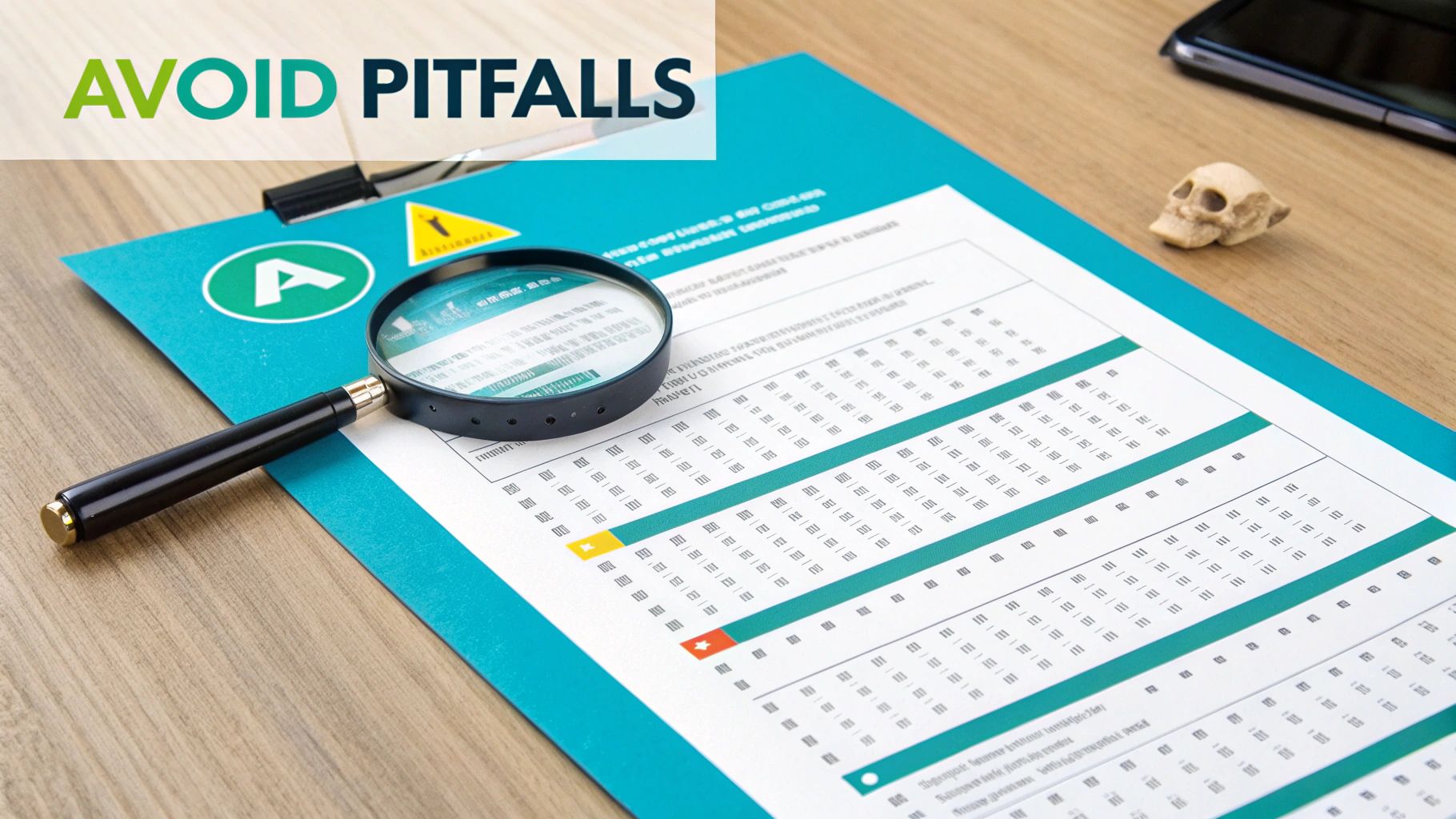 A magnifying glass on a detailed survey document, with 'AVOID PITFALLS' text, suggesting careful analysis.