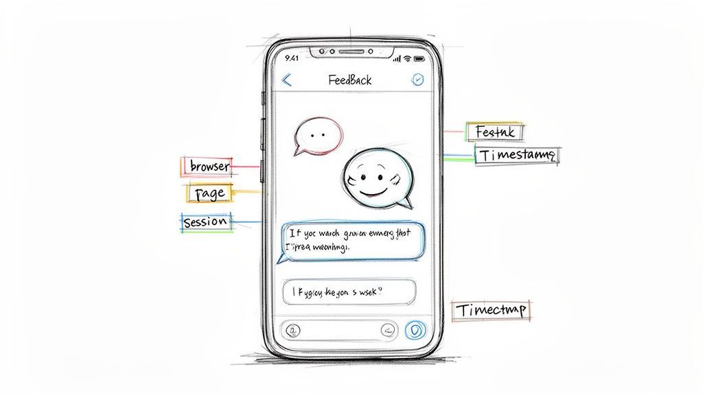A hand-drawn sketch of a smartphone feedback UI, showing chat bubbles and data labels like browser and timestamps.