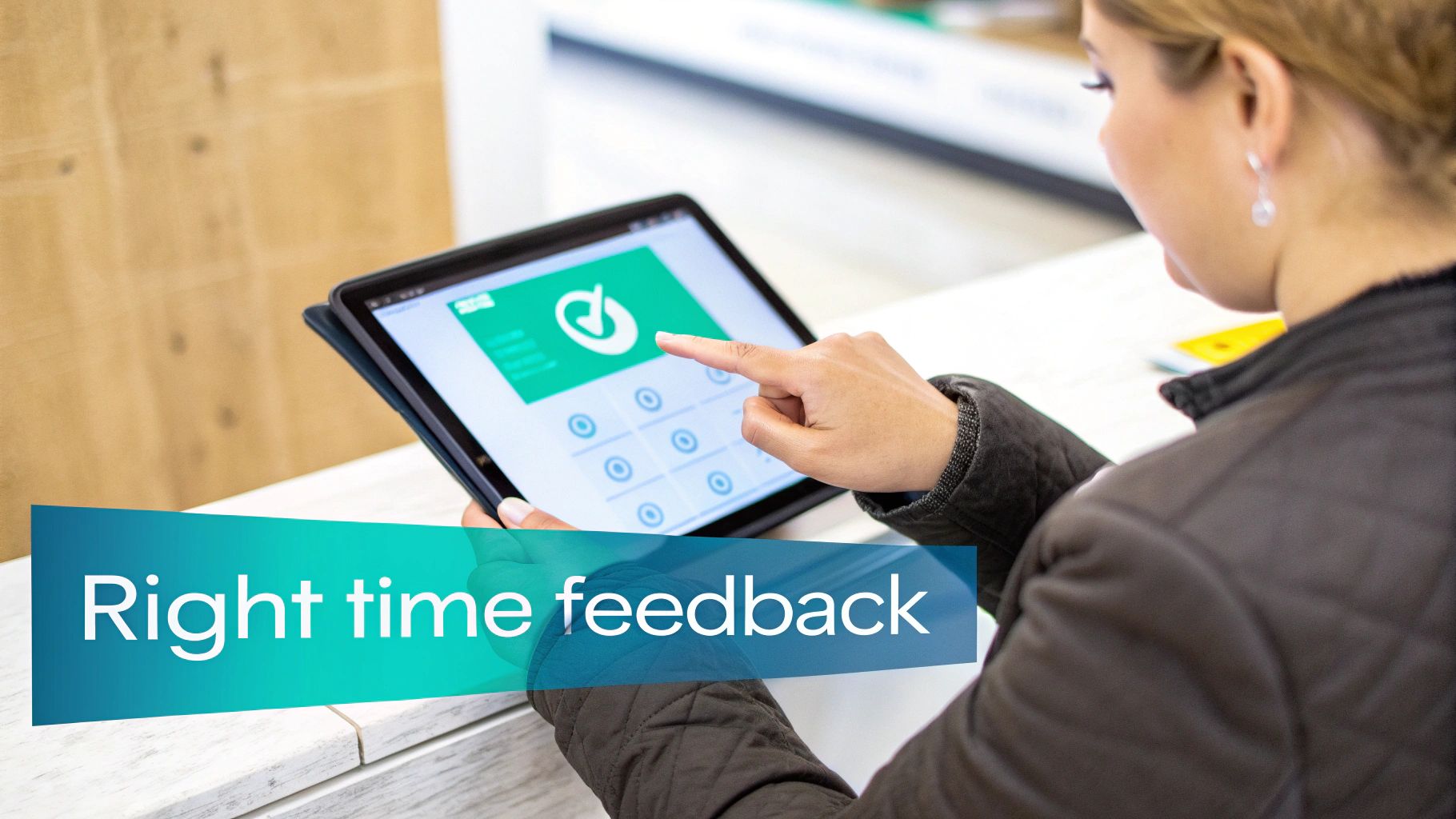 A woman uses a tablet for 'right time feedback', tapping a green screen with a checkmark icon.