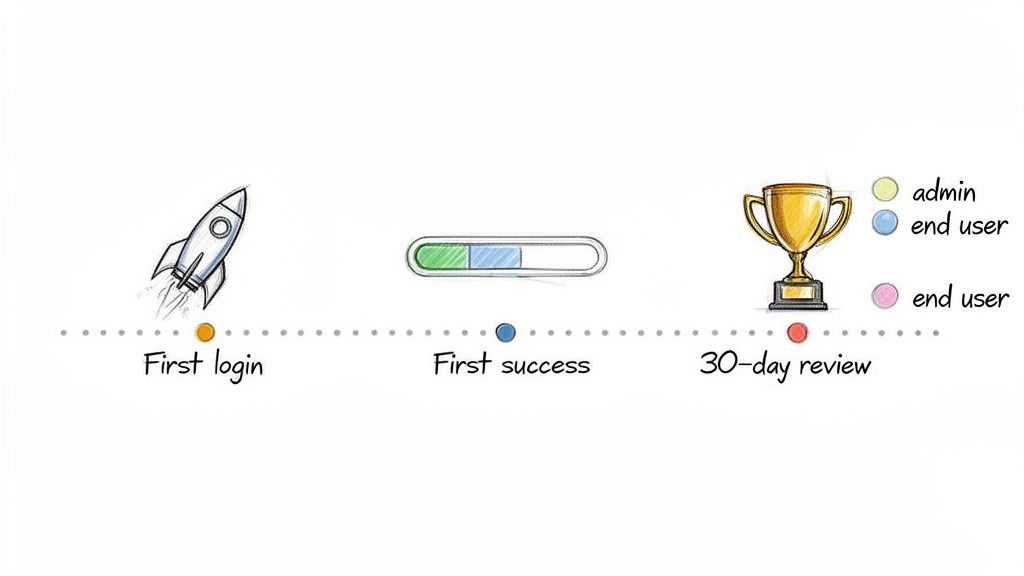 Timeline illustrating customer success stages: first login, first success, and 30-day review.