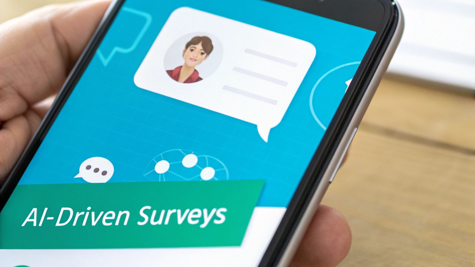 Hand holding a smartphone displaying a chat-based AI-driven surveys application with a profile image.