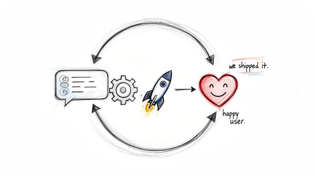 Diagram illustrating a product development cycle from user feedback, processing, launch, to user happiness.
