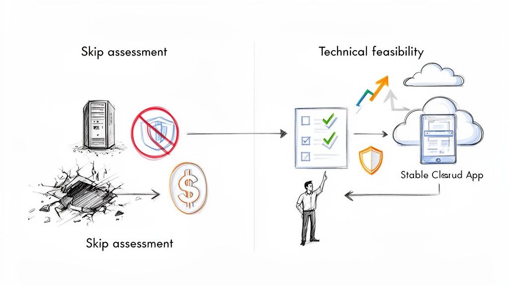 Visual diagram illustrating the process and outcomes of technical feasibility versus skipping assessment.