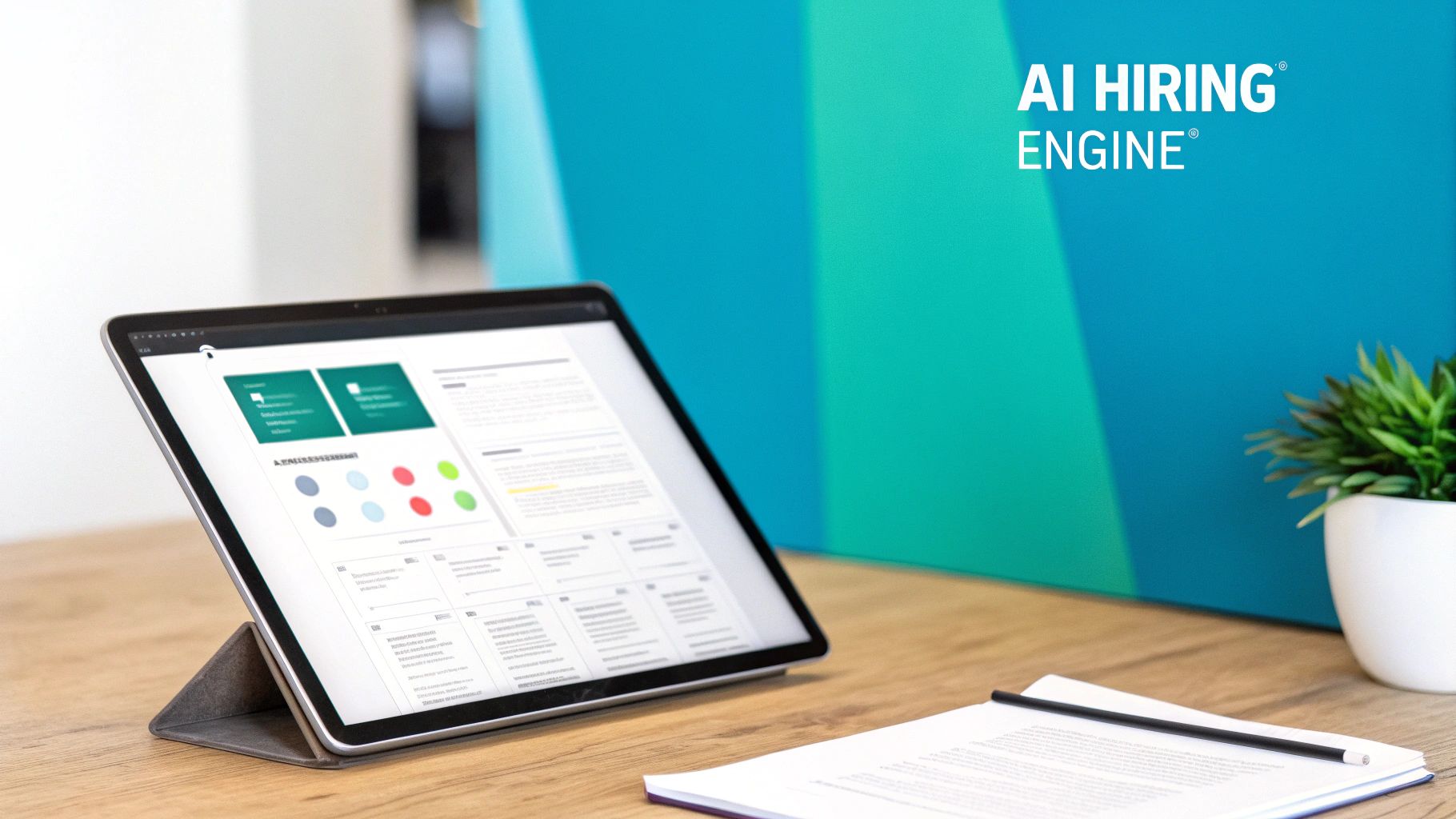A tablet on a wooden desk displays an AI hiring engine software interface, with documents and a plant.