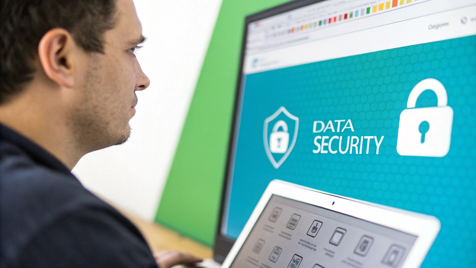 A man views a computer monitor displaying 'DATA SECURITY' with a shield and padlock icon, with a laptop in the foreground.