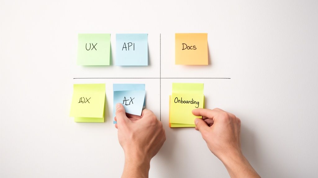 Hands arranging colorful sticky notes with terms like UX, API, Onboarding on a quadrant-divided board.