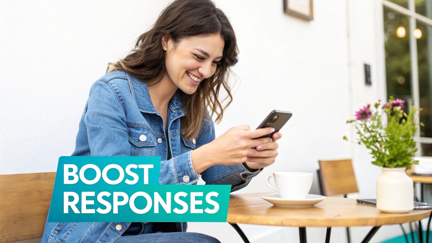 Smiling woman in a denim jacket happily using her smartphone at an outdoor cafe table with a coffee, with 'BOOST RESPONSES' text overlay.