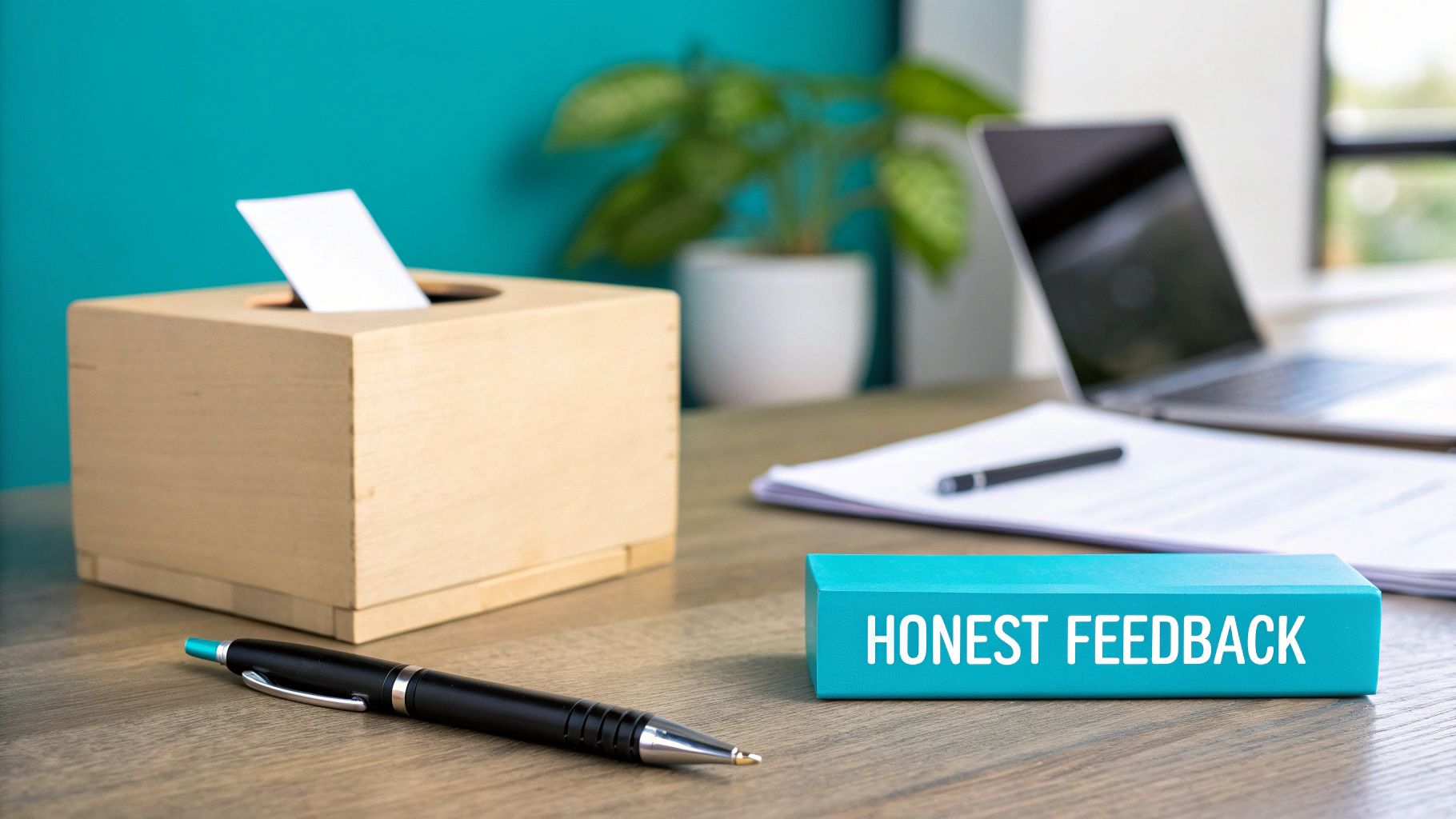A wooden suggestion box with a paper, a pen, and a block labeled 'HONEST FEEDBACK' on a desk.
