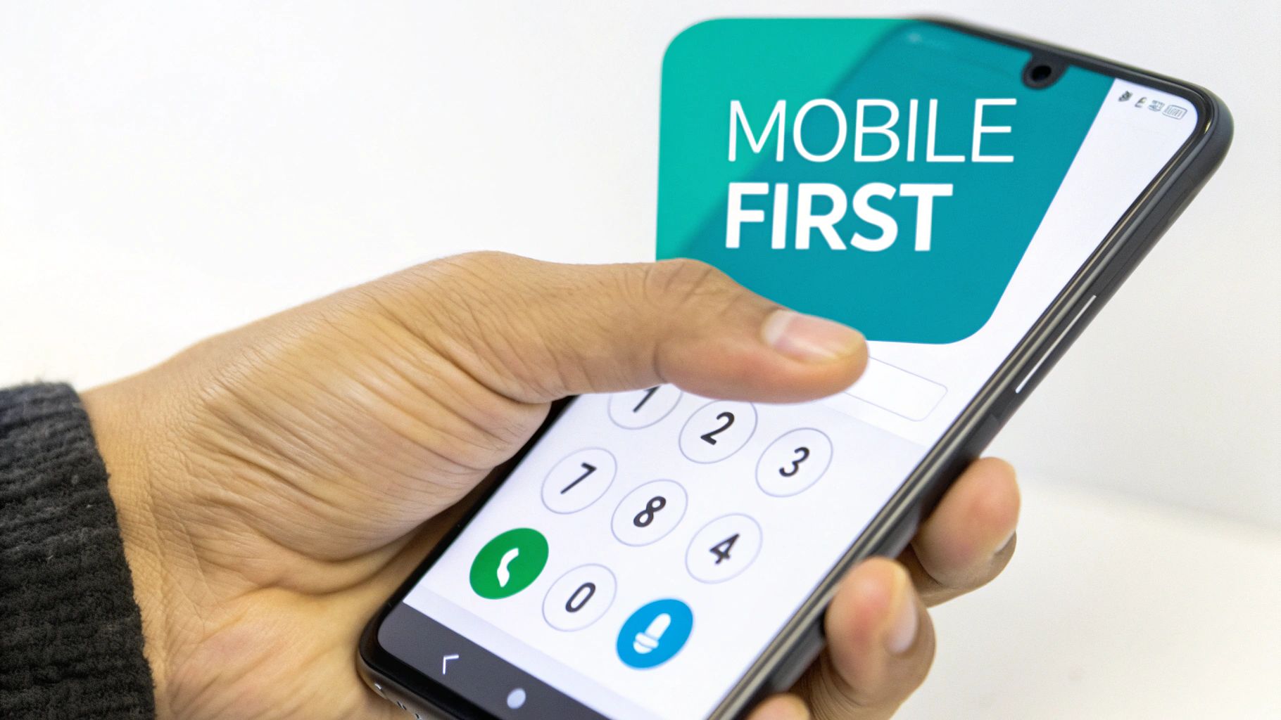 A hand holds a smartphone displaying 'MOBILE FIRST' text and a dialer interface.