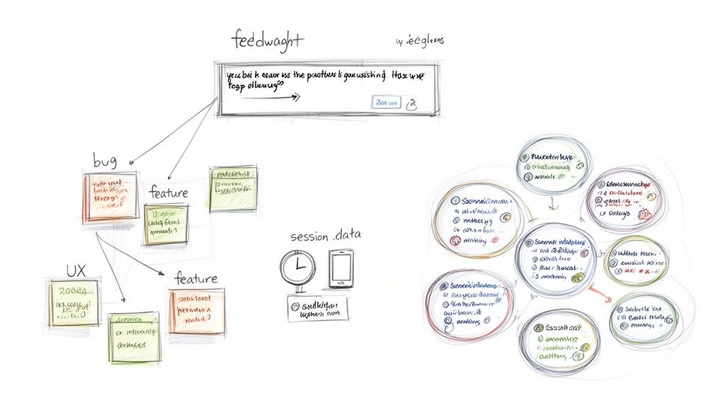 A hand-drawn mind map illustrating feedback processes, including bugs, features, UX, and session data.
