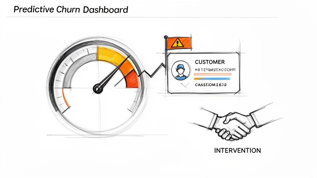 Dashboard concept illustrating predictive customer churn risk with a gauge, warning, and intervention.