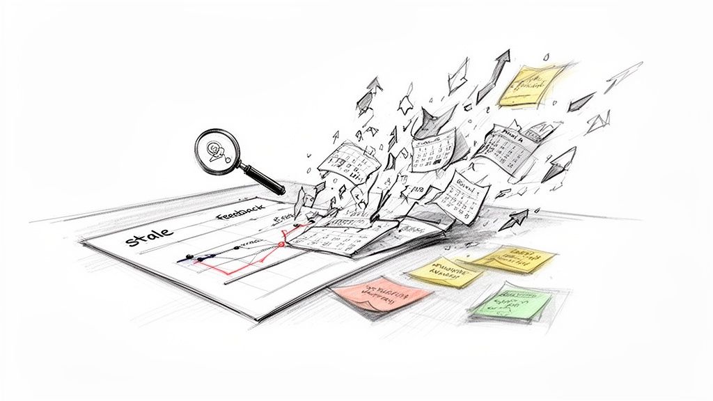 Sketch of a product roadmap document with 'stale' data, 'feedback', magnifying glass, and exploding calendars.