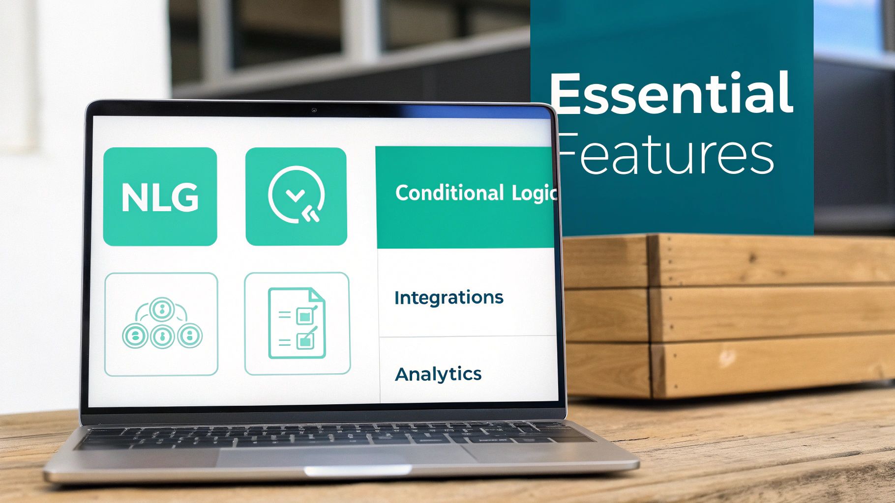 A laptop screen displaying essential software features: NLG, Conditional Logic, Integrations, and Analytics.
