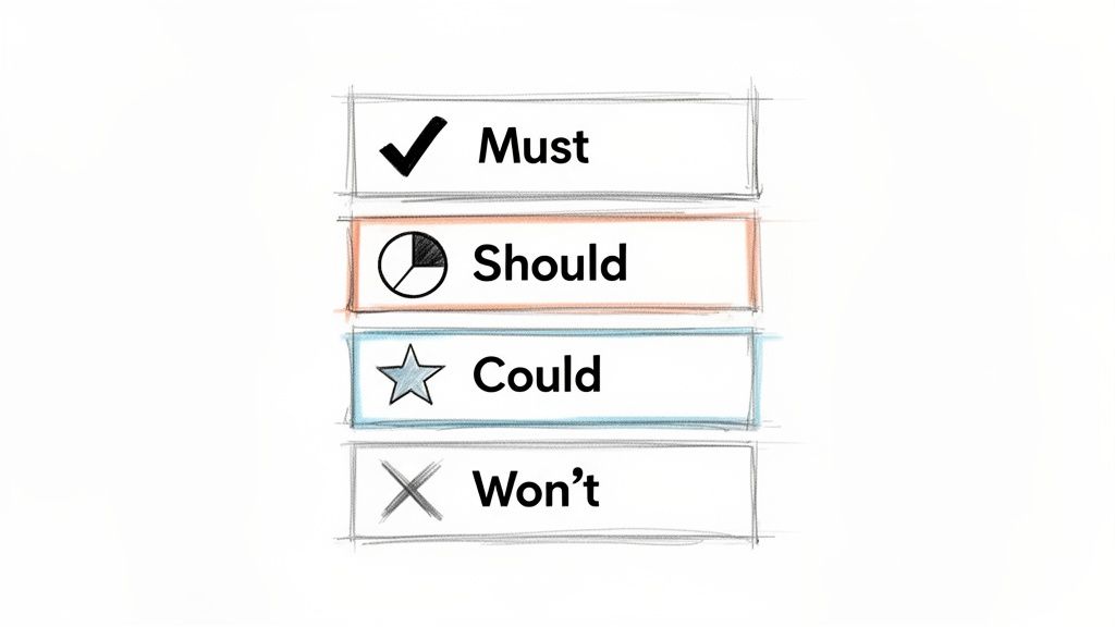 Visualizing task prioritization with Must, Should, Could, and Won't categories and corresponding icons.