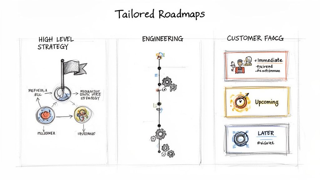 A diagram illustrating tailored product roadmaps across high-level strategy, engineering, and customer perspectives.