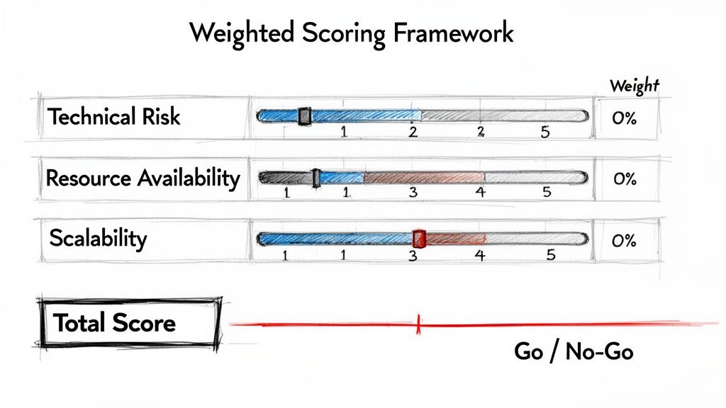A weighted scoring framework for project evaluation, showing technical risk, resource availability, and scalability sliders.