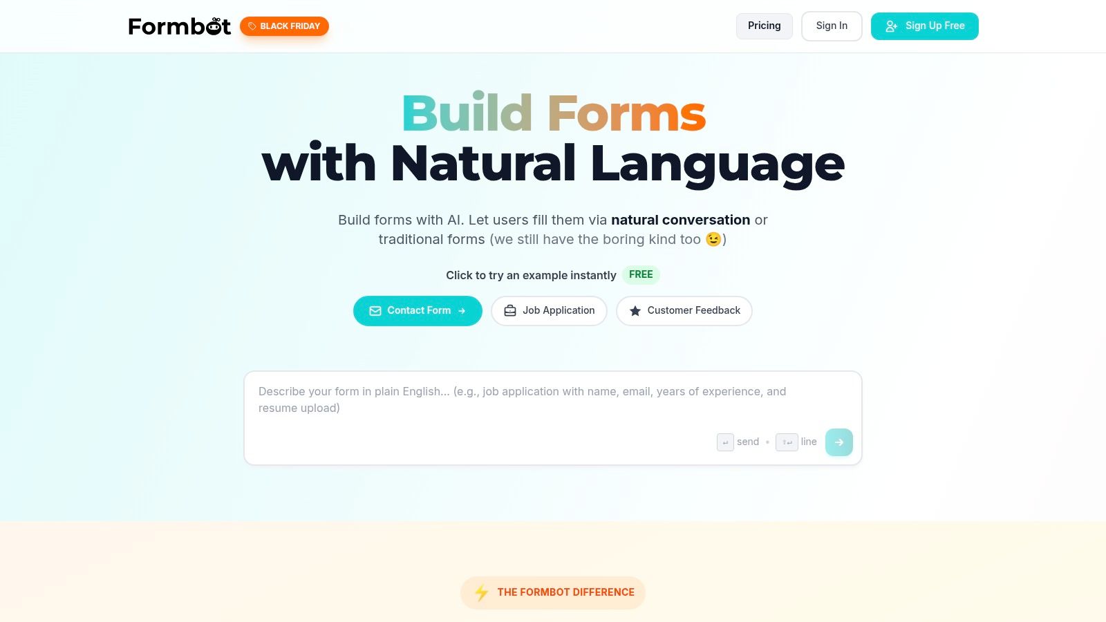 Formbot's AI-powered form builder interface showing a conversational chat-style form.