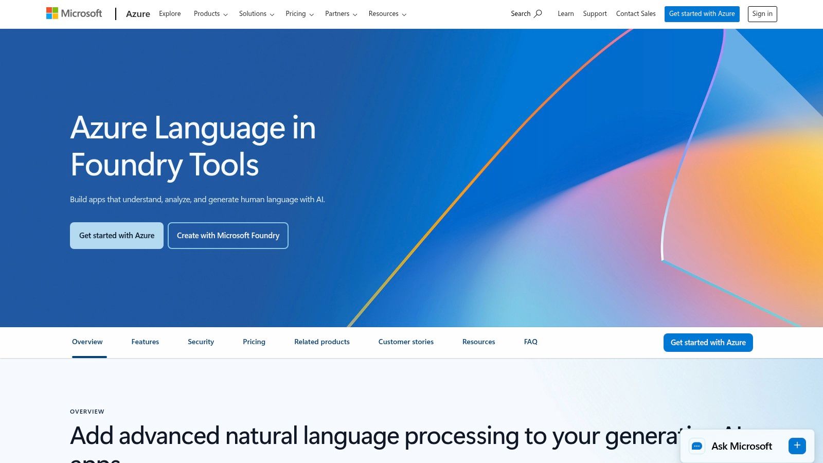 Microsoft Azure AI Language interface showing sentiment analysis results for sample text