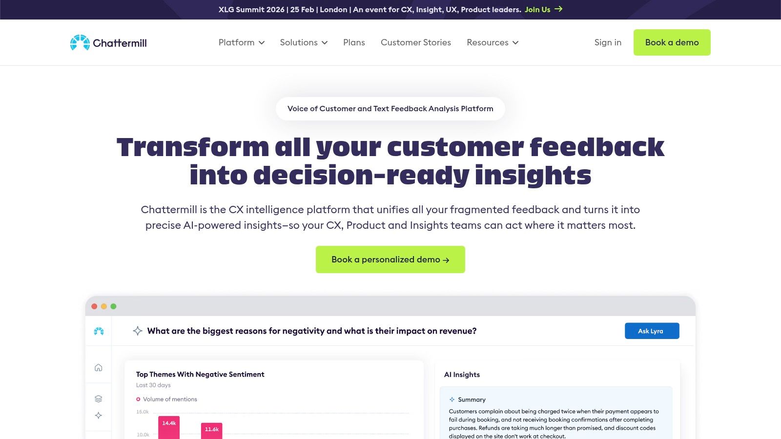 Chattermill unified feedback analysis dashboard showing sentiment trends and key themes