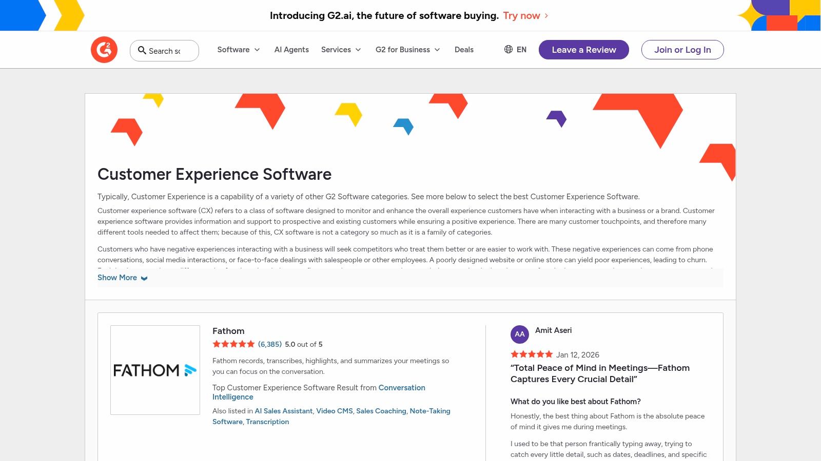 G2 – Software Marketplace (Customer Experience/Feedback categories)